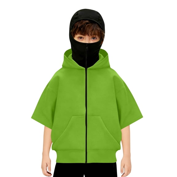 AJTQTH Fashion Balaclava Hoodie for Boys Girls Kids Windproof Full Zip Up Short Sleeve Ski Mask Hoodie Oversized Full Zipper Hooded Sweatshirt Jacket with Kangaroo Pockets Green 4-5 Years