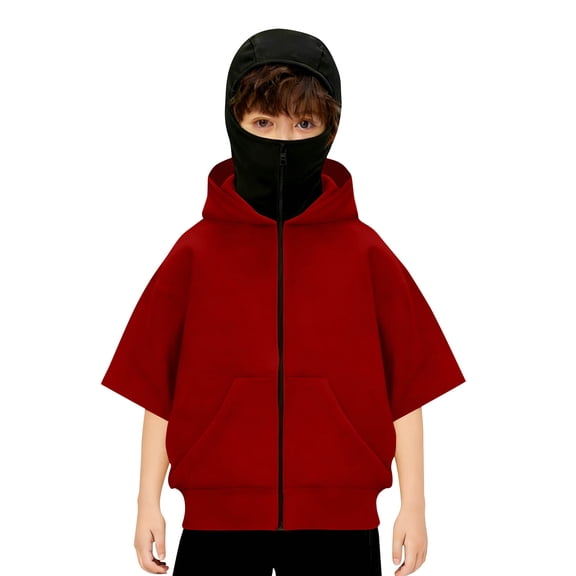 AJTQTH Fashion Balaclava Hoodie for Boys Girls Kids Windproof Full Zip Up Short Sleeve Ski Mask Hoodie Oversized Full Zipper Hooded Sweatshirt Jacket with Kangaroo Pockets Red 8-9 Years