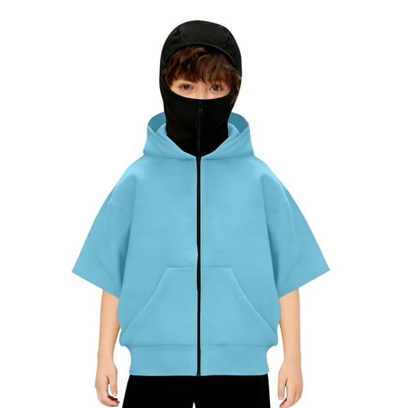 AJTQTH Fashion Balaclava Hoodie for Boys Girls Kids Windproof Full Zip Up Short Sleeve Ski Mask Hoodie Oversized Full Zipper Hooded Sweatshirt Jacket with Kangaroo Pockets Blue 8-9 Years