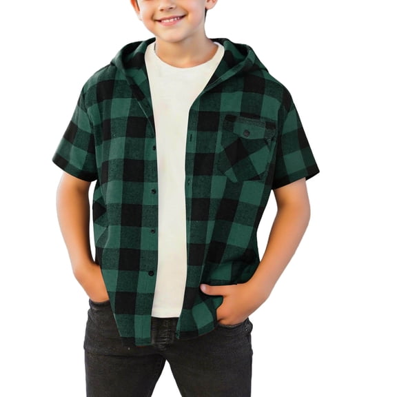 AJTQTH Fashion Boys Plaid Button Down Flannel Hoodie Shirts Lightweight Casual Summer Short Sleeve Hooded Outwear Jacket with Pockets Green 4-5 Years
