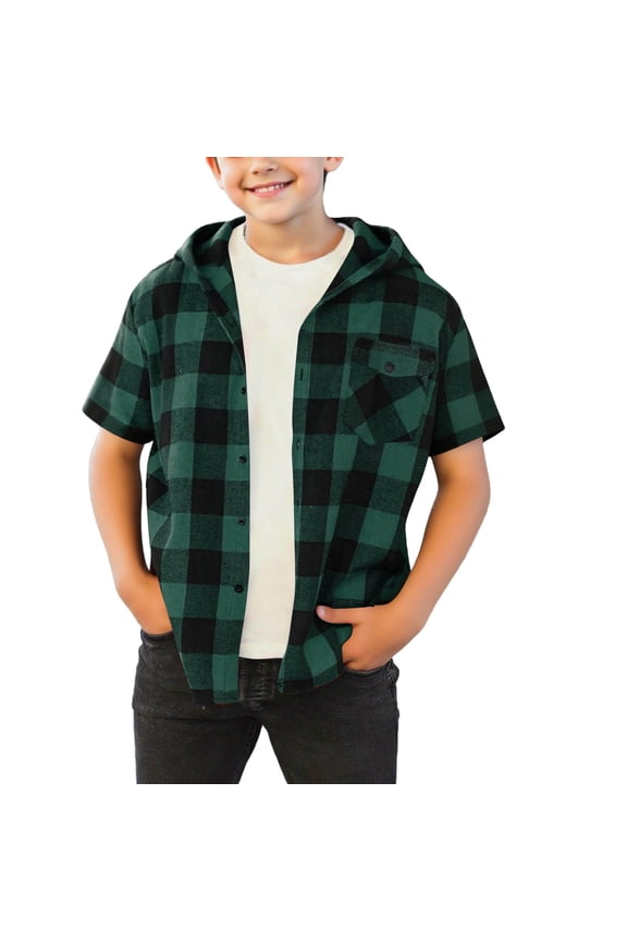 Fashion Boys Plaid Button Down Flannel Hoodie Shirts Lightweight Casual Summer Short Sleeve Hooded Outwear Jacket with Pockets Green 4-5 Years