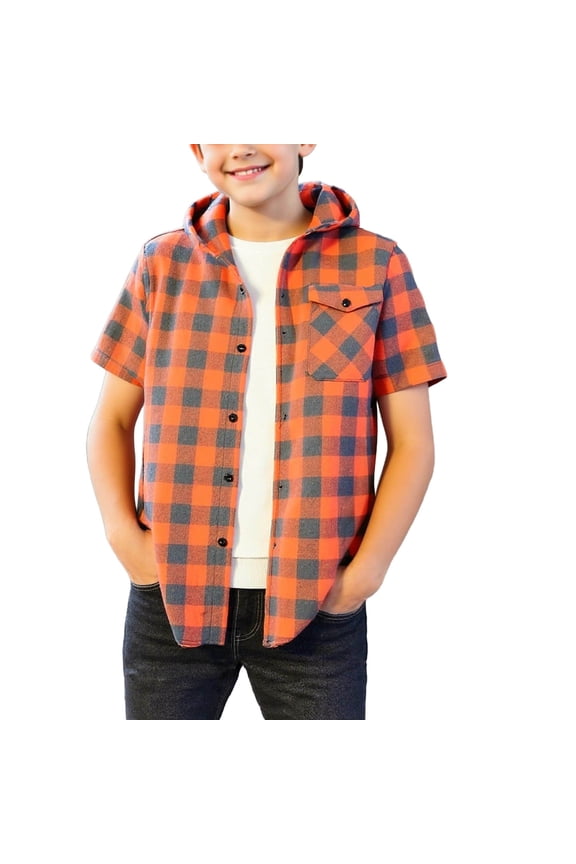 Fashion Boys Plaid Button Down Flannel Hoodie Shirts Lightweight Casual Summer Short Sleeve Hooded Outwear Jacket with Pockets Orange 12-13 Years