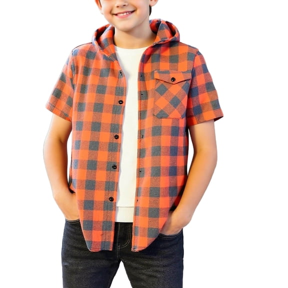 AJTQTH Fashion Boys Plaid Button Down Flannel Hoodie Shirts Lightweight Casual Summer Short Sleeve Hooded Outwear Jacket with Pockets Orange 14-15 Years
