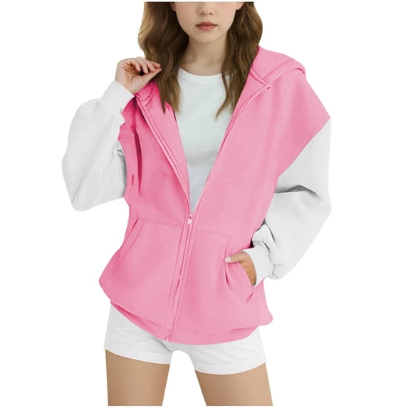 AJTQTH Fashion Hoodies for Kids Girls Casual Color Patchwork Long Sleeve Hooded Pullover Sweatshirts Loose Lightweight Comfy Outwear Tops with Pockets B-Pink 14-15 Years