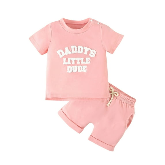 AJTQTH Father's Day Cotton 2PC Set for Toddler Girls Boys Letter Embroidered Short-Sleeved O-Neck T-shirts Tees Tops Drawstring Shorts with Pockets for Holiday Gift Pink 2-3 Years