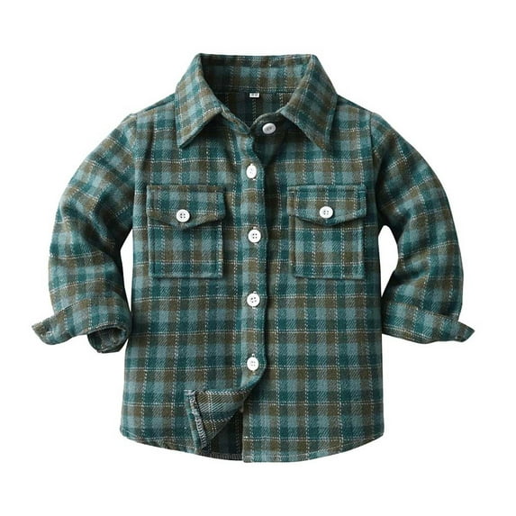 AJTQTH Flannel Coat for Kids Toddler Unisex Cute Plaid Long-Sleeved Button Casual Shirt Jacket Cotton Thicken Warm Outerwear for Winter and Fall Green#02 4-5 Years