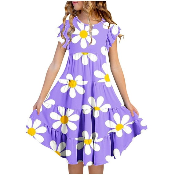 AJTQTH Floral Print Summer Short Sleeve Ruffle Midi Dresses Big Girls Floral Print Crewneck High Waist Long Dress with Pockets Tiered Flare Dress Purple 8 Years