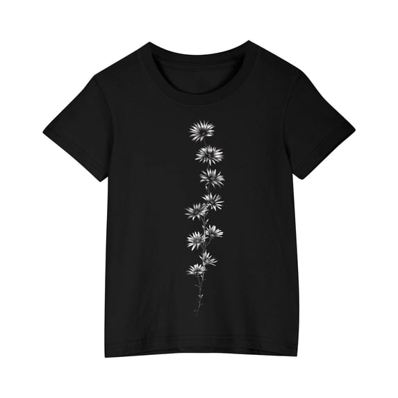 AJTQTH Floral Print T-shirt for Kids Boys Girls Unisex Short Sleeve Crewneck Tees Tops Shirts Blouses for Summer Casual Cotton Comfy Lightweight Outfits Clothes Black 3 Years