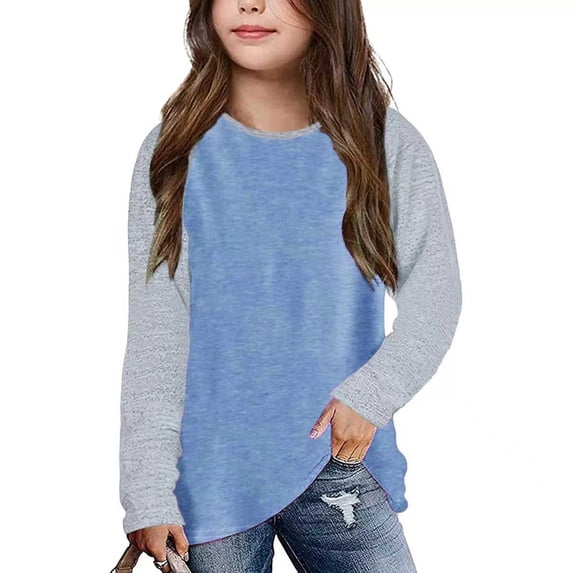 AJTQTH Girl Tops Stylish Colorblocked Cozy Tees Crewneck Long-Sleeved Fall Outerwear Winter Base Clothes Comfortable Fit Warm Outfits Sky Blue 12-13 Years