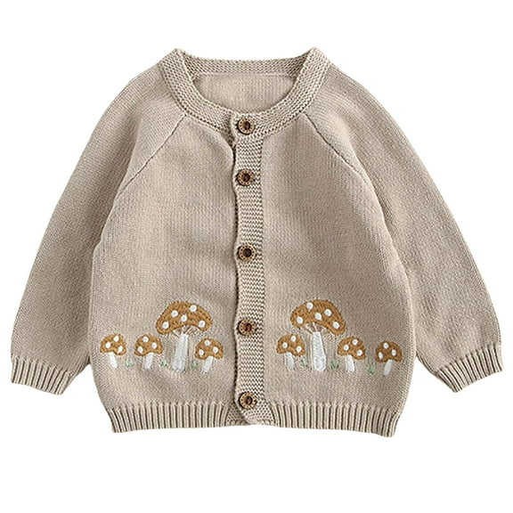 AJTQTH Girl's Crewneck Lightweight Button-up Cardigan Cotton Knit Sweater Casual Cute Mushroom Pattern Print Long Sleeve Fall Outerwear Beige 12-18 Months
