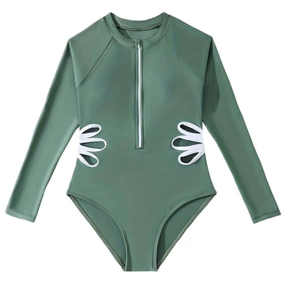 AJTQTH Girl's One Piece Rash Guard Long Sleeve Swimsuits Bathing Suit Quick-Dry Half Zip up Cute Cut Out Comfortable Beach Swimwear Army Green 6-7 Years