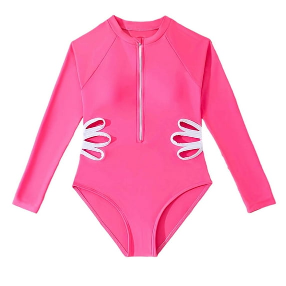AJTQTH Girl's One Piece Rash Guard Long Sleeve Swimsuits Bathing Suit Quick-Dry Half Zip up Cute Cut Out Comfortable Beach Swimwear Hot Pink 6-7 Years