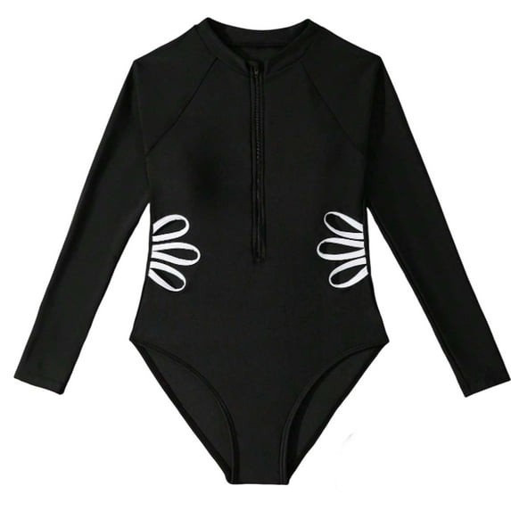 AJTQTH Girl's One Piece Rash Guard Long Sleeve Swimsuits Bathing Suit Quick-Dry Half Zip up Cute Cut Out Comfortable Beach Swimwear Black 12-13 Years