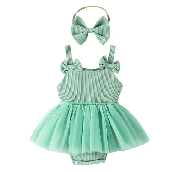 AJTQTH Girls Baby 2PC Set Summer U-Neck Sleeveless Cotton Rib Knit Jumpsuit Mesh Ruffled Solid Color Bodysuit Bowknot Hairband Casual Comfy Clothes Two-Pieces Set Green 18 Months