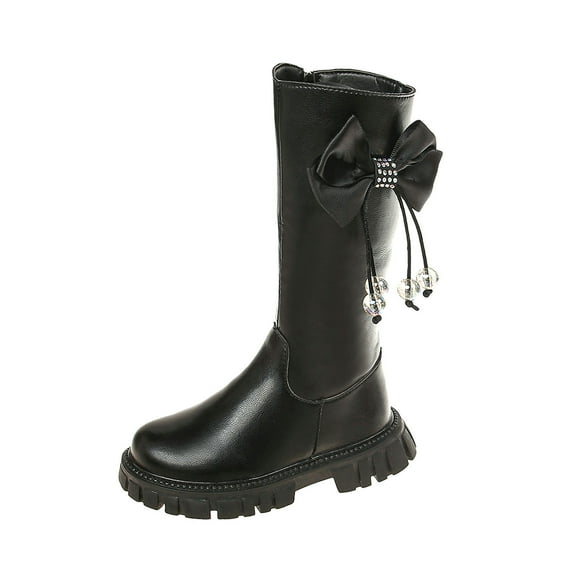 AJTQTH Girls Boots Knee High and Side Zipper Faux Leather Bows Rhinestones Decorated Shoes Thick Soled Kids Warm Fall and Winter Snow Booties Black 37