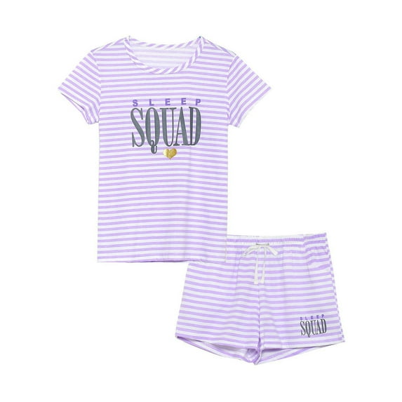 AJTQTH Girls Boys 2PC Set Stylish Crewneck Short Sleeve Cute Letter Print Striped Tshirts+Drawstring Shorts Kids Thin Summer Homewear Purple 4 Years