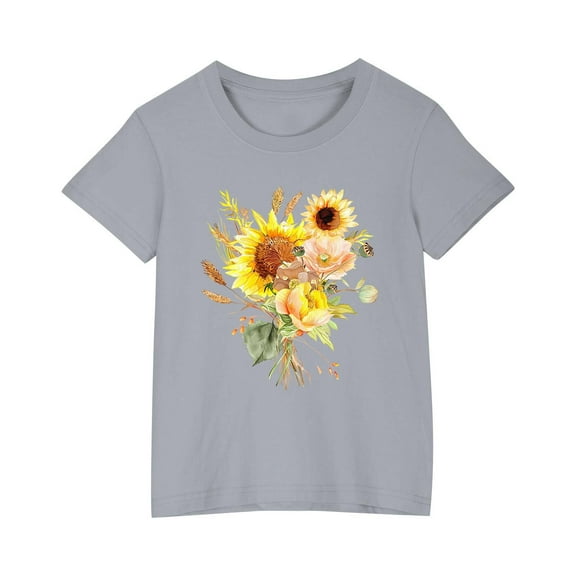AJTQTH Girls Boys Cotton Tshirts Cute Sunflower Print Tees Kids Short Sleeve Round Neck Tops Kids Unisex Shirts Blouses Summer Loose Fit Clothes Outfits Gray 3 Years