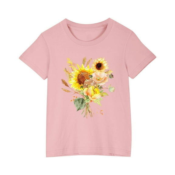AJTQTH Girls Boys Cotton Tshirts Cute Sunflower Print Tees Kids Short Sleeve Round Neck Tops Kids Unisex Shirts Blouses Summer Loose Fit Clothes Outfits Pink 3 Years