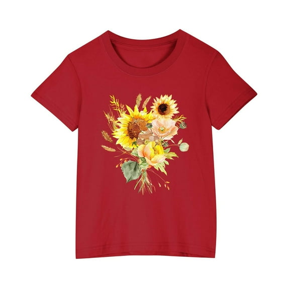 AJTQTH Girls Boys Cotton Tshirts Cute Sunflower Print Tees Kids Short Sleeve Round Neck Tops Kids Unisex Shirts Blouses Summer Loose Fit Clothes Outfits Red 9 Years