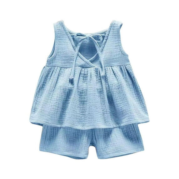 AJTQTH Girls Casual Clothes Set Toddler Kids Cotton Linen Solid Crewneck Sleeveless Crossover Backless Ruffles Tops+Elastic Shorts Breathable Summer Outfits Blue 12 Months