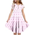 thumbnail image 1 of AJTQTH Girls Cute Love Heart Print Long Dress Ruffled Short Sleeve Crewneck Top High Waist Tiered Flared Flowy Long Skirt with Pockets Pink 14 Years, 1 of 5