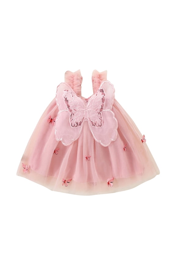 Girls Cute Princess Dress Silk Satin Hater Stylish Butterfly 3D Appliques Midi Dress Toddler Baby Summer Mesh Layered Elegant Gowns Frocks Sundress Pink 6 Months