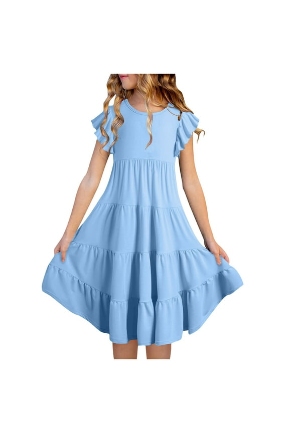 Girls Cute Solid Color Ruffle Short Sleeve Princess Dress Kids Flare Ruched Round Neck Tiered Midi Dress with Pockets for Kids Summer Tunic Skirt Blue 10 Years