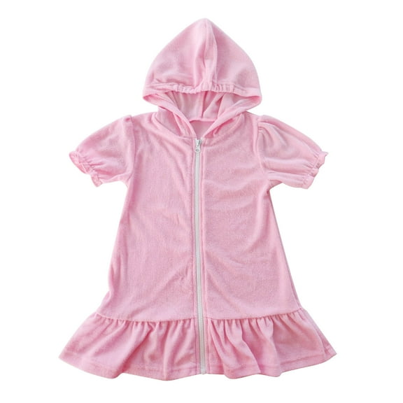 AJTQTH Girls Cute Swimsuit Hooded Short Sleeve Ruffled Hem Solid One-Piece Swimwear with Zipper Kids Summer Beach Loose Fit Lightweight Sun Protection Swimming Suit Pink 4-5Years