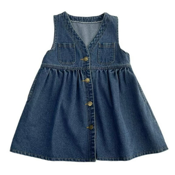 AJTQTH Girls Denim Cotton Stylish Sundress V-Neck Sleeveless Button Down Stylish Dress Toddler Kids Summer Casual Loose Fit Cute Pockets Gowns Frocks Outfits Blue 2Y