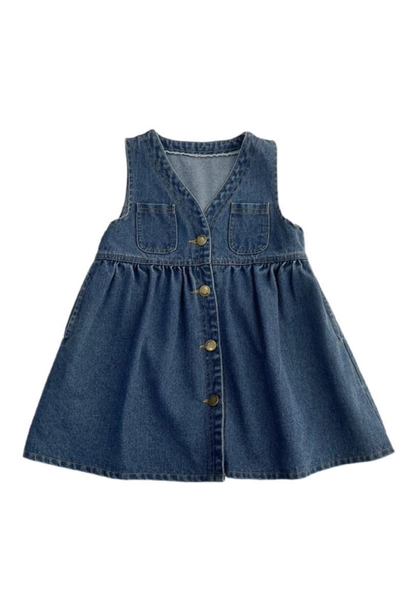 Girls Denim Cotton Stylish Sundress V-Neck Sleeveless Button Down Stylish Dress Toddler Kids Summer Casual Loose Fit Cute Pockets Gowns Frocks Outfits Blue 2Y