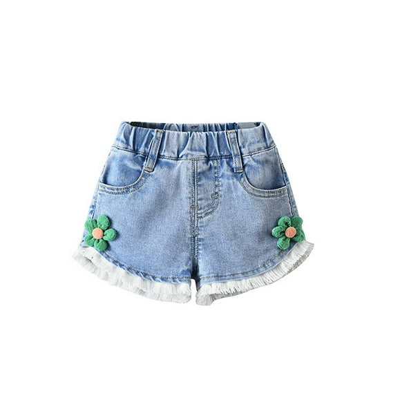 AJTQTH Girls Denim Print Shorts Toddler Kids Elastic-Waisted Cute 3D Floral Decoration Tassels Faux Jeans Summer Casual Shorts with Pockets Light Blue 10 Years