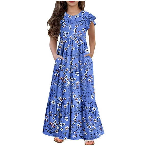 AJTQTH Girls Floral Sundress Ruffles Short Sleeve High-Waisted Dress Pockets Summer Crewneck Casual Tunic Gowns Blue 12 Years