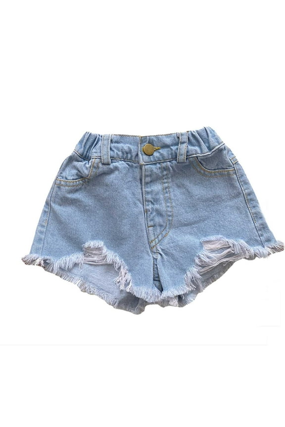 Girls Jeans Shorts Toddler Kids Summer Ripped Frayed Faux Denim Shorts High-Waisted Solid Color Short Pants with Pockets Light Blue 4 Years