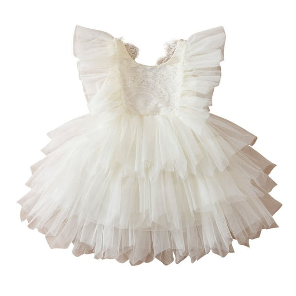 AJTQTH Girls Lace Princess Dress Flutter Sleeve Cute Lace Patchwork Backless Dress Round Neck Mesh Layered Puffy Dress Party Dress White 1 Years