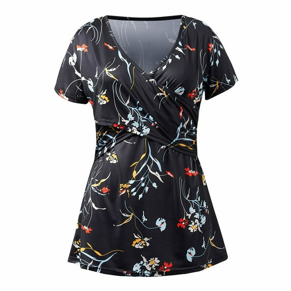 AJTQTH Girls Nursing Tops Stylish Floral Printed Round Neck Short Sleeve Tees Tunic Slim Fit Blouses Summer Casual Maternity C Black M