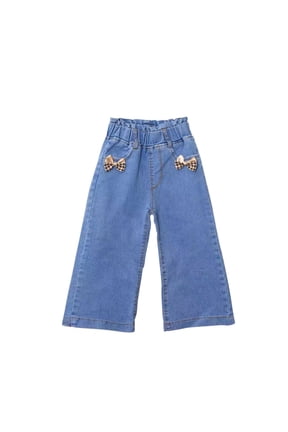 Girls Pants Kids Solid Ankle Length Flared Denim Jeans with Cute Silk Satin Bowknot Decorations and Pockets Summer Casual Comfy Elastic-Waisted Long Pants Blue 4 Years