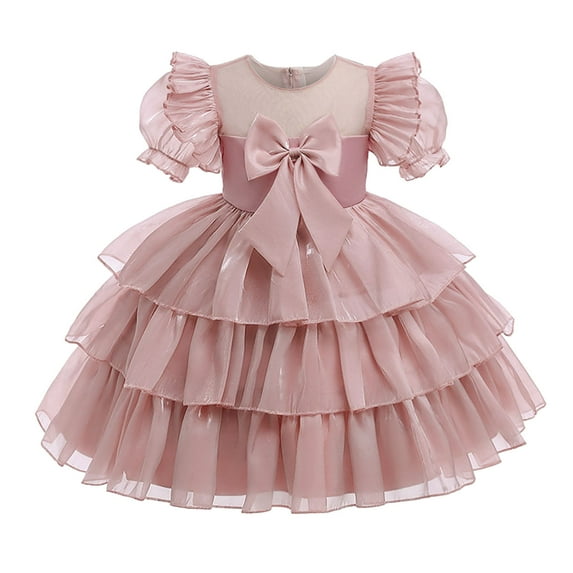 AJTQTH Girls Party Dress Mesh Crewneck Ruffles Puff Sleeve Satin Gowns Cute Bowknot Tiered Puffy Dress Solid Color Elegant Nightgowns Pink 3 Years