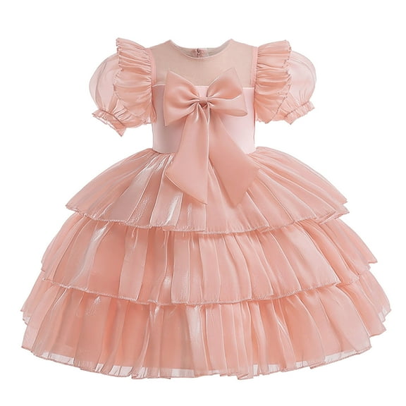 AJTQTH Girls Party Dress Mesh Crewneck Ruffles Puff Sleeve Satin Gowns Cute Bowknot Tiered Puffy Dress Solid Color Elegant Nightgowns Watermelon Red 3 Years