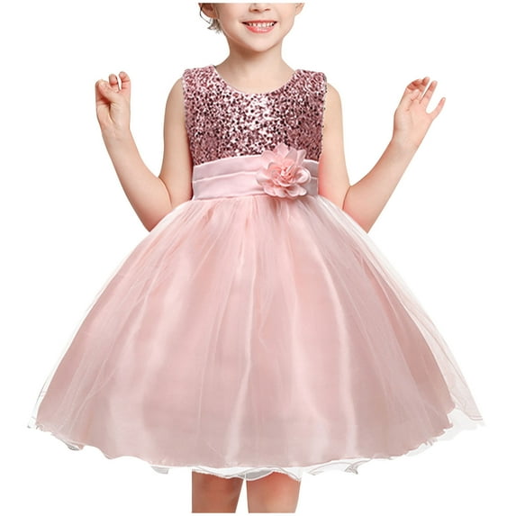 AJTQTH Girls Party Dress Stylish Sequined Sparkly Sleeveless Tunic Gowns High-Waisted Floral Accessories Solid Color Mesh Puffy Dress Pink 6 Years