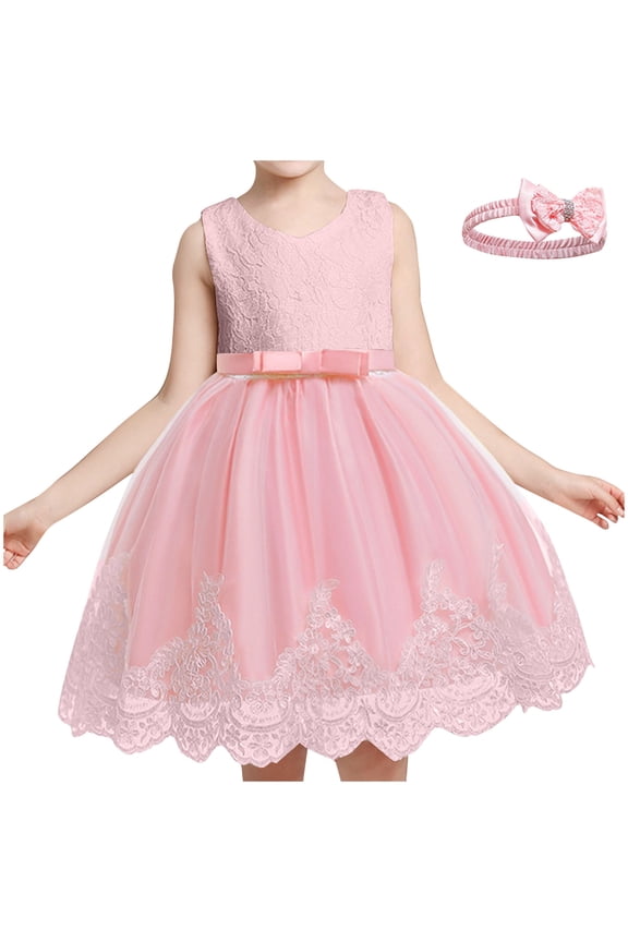 Girls Princess Dress Braidesmaid Dress Sleeveless High-Waisted Tunic Puffy Dress Lace Patchwork Elegant Dress with Bows Headband 2PC Set Pink 9 Years