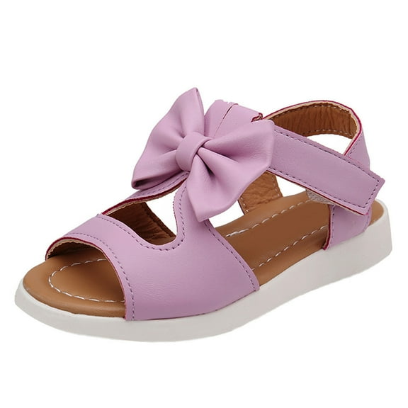 AJTQTH Girls Princess Sandals Open Toe Hollowed Out Bowknot Velcro Straps Arch Support Shoes Thick Soled Wedge Sandals Summer Casual Sandals Purple 4-5Years