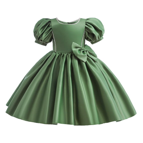 AJTQTH Girls Satin Princess Dress Cute Solid Color Round Neck Puff Sleeve Ruffles Puffy Dress Back Bowknots Party Cotton Maxi Dress Green 8 Years