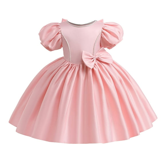 AJTQTH Girls Satin Princess Dress Cute Solid Color Round Neck Puff Sleeve Ruffles Puffy Dress Back Bowknots Party Cotton Maxi Dress Pink 6 Years