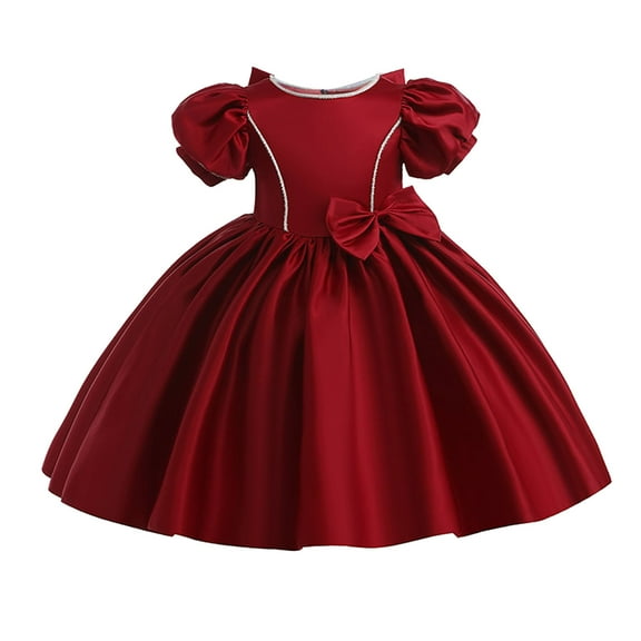 AJTQTH Girls Satin Princess Dress Cute Solid Color Round Neck Puff Sleeve Ruffles Puffy Dress Back Bowknots Party Cotton Maxi Dress Red 6 Years