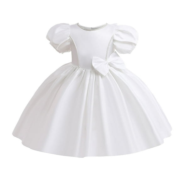 AJTQTH Girls Satin Princess Dress Cute Solid Color Round Neck Puff Sleeve Ruffles Puffy Dress Back Bowknots Party Cotton Maxi Dress White 6 Years