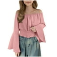 thumbnail image 1 of AJTQTH Girls Off the Shoulder Tops Elegant Trumpet Sleeve Crop Tops Trendy Oversized Dressy Casual Boho Tunic Shirts Loose Peasant Blouse Pink 11-12 Years, 1 of 8