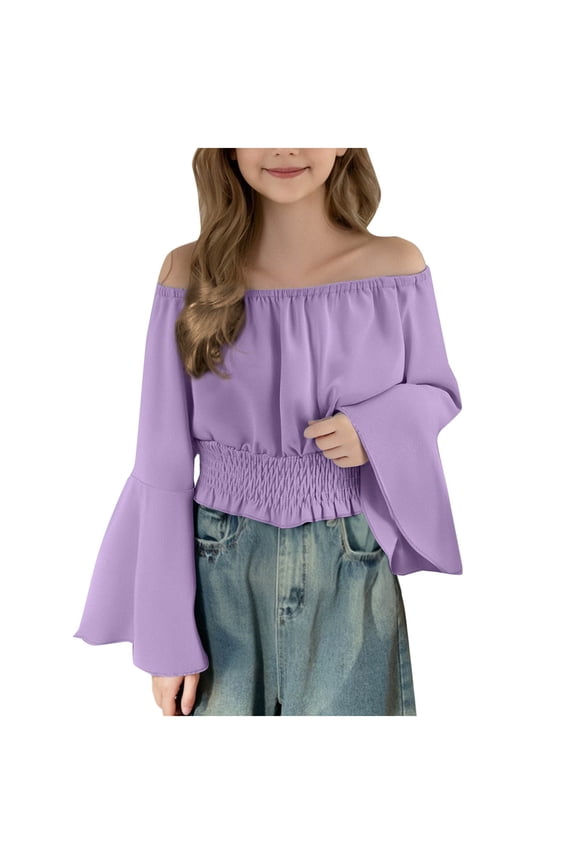 Girls Off the Shoulder Tops Elegant Trumpet Sleeve Crop Tops Trendy Oversized Dressy Casual Boho Tunic Shirts Loose Peasant Blouse Purple 14-15 Years