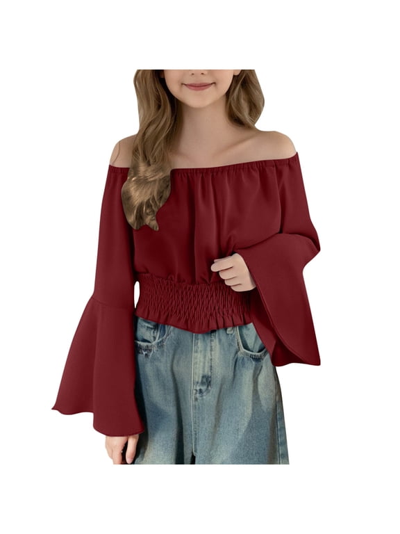 Girls Off the Shoulder Tops Elegant Trumpet Sleeve Crop Tops Trendy Oversized Dressy Casual Boho Tunic Shirts Loose Peasant Blouse Wine 11-12 Years