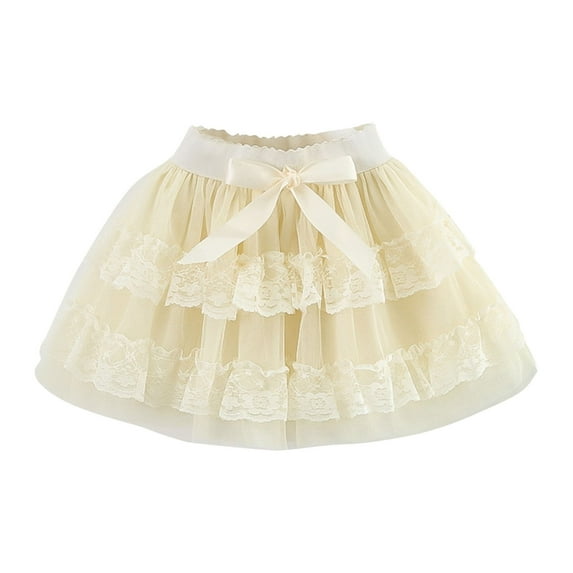 AJTQTH Girls Skirt Summer Elastic Waist Mesh Layered Lace Trim Fluffy Skirt Tiered Princess Skirt for Holiday Party Outfits Beige 9 Years