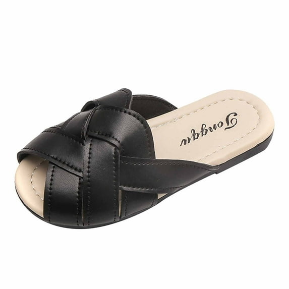 AJTQTH Girls Slides Faux Leather Stylish Braided Low Heel Platforms Slippers Water Sandals Summer Comfy Casual Walking Shoes Black 4-5Years